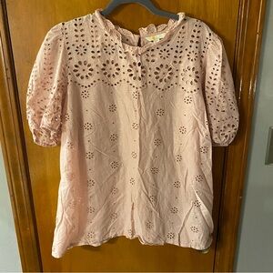 BODEN Altheda Broderie Top Ruffle Puff Sleeve Pink Blouse 100% Cotton